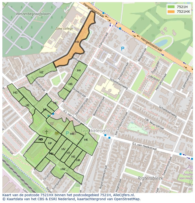 Afbeelding van het postcodegebied 7521 HX op de kaart.