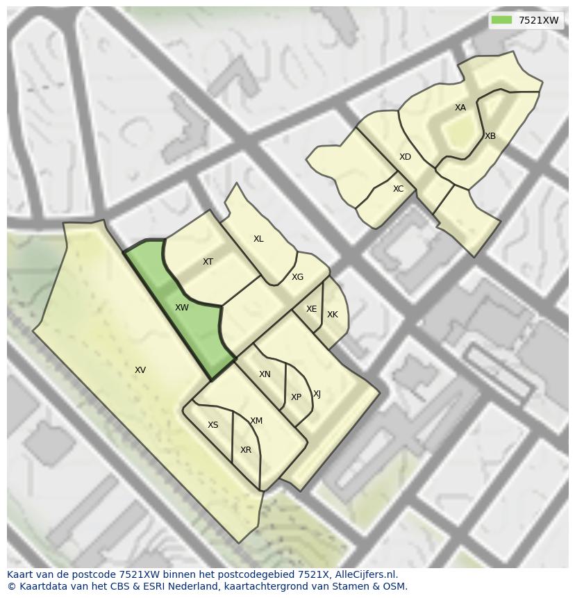 Afbeelding van het postcodegebied 7521 XW op de kaart.