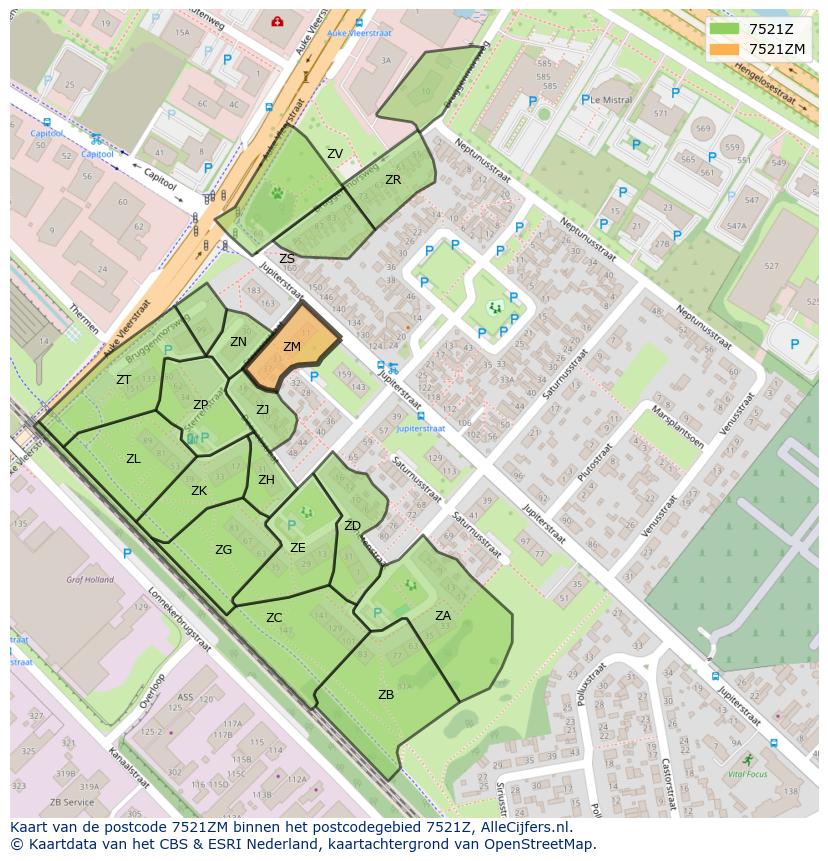 Afbeelding van het postcodegebied 7521 ZM op de kaart.