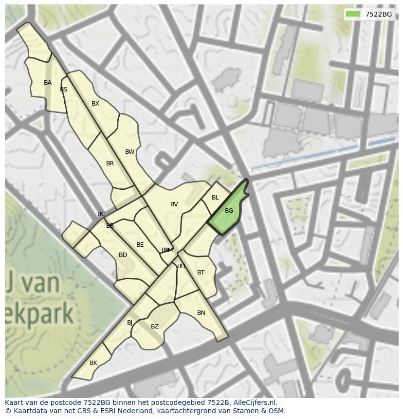 Afbeelding van het postcodegebied 7522 BG op de kaart.