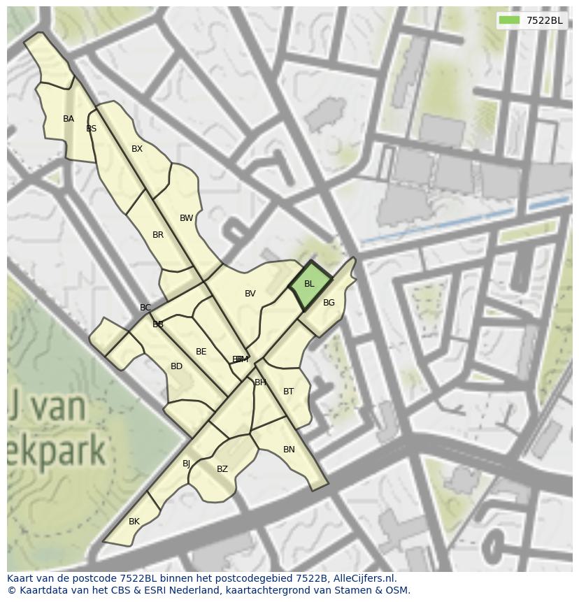 Afbeelding van het postcodegebied 7522 BL op de kaart.