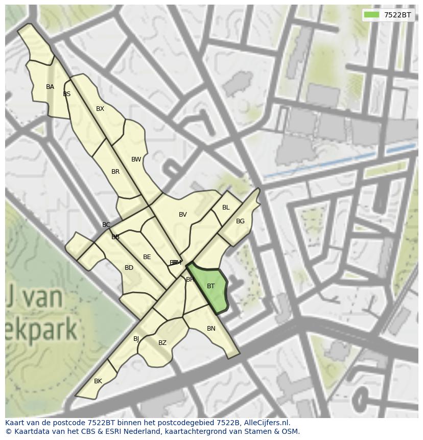 Afbeelding van het postcodegebied 7522 BT op de kaart.