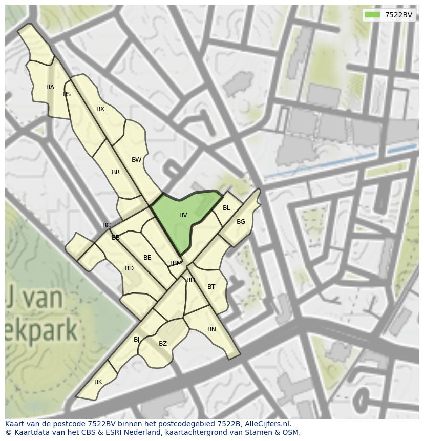 Afbeelding van het postcodegebied 7522 BV op de kaart.