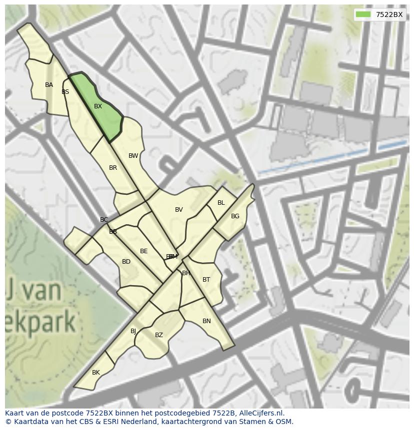 Afbeelding van het postcodegebied 7522 BX op de kaart.
