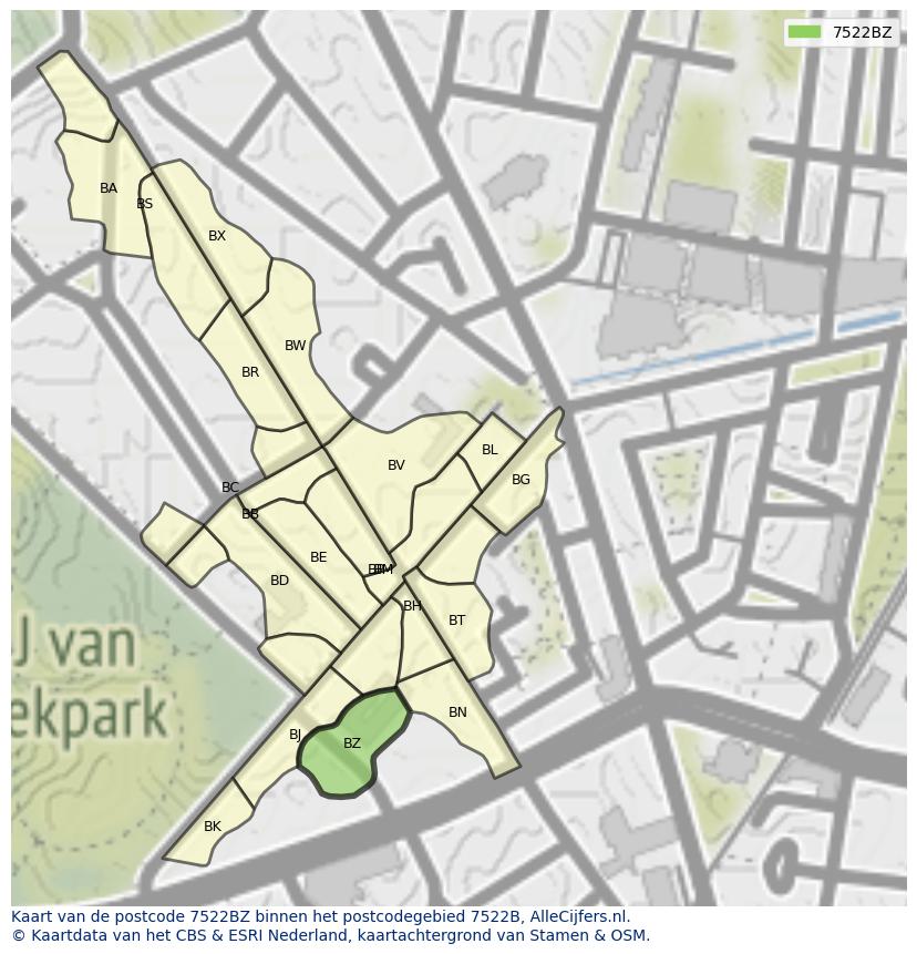 Afbeelding van het postcodegebied 7522 BZ op de kaart.