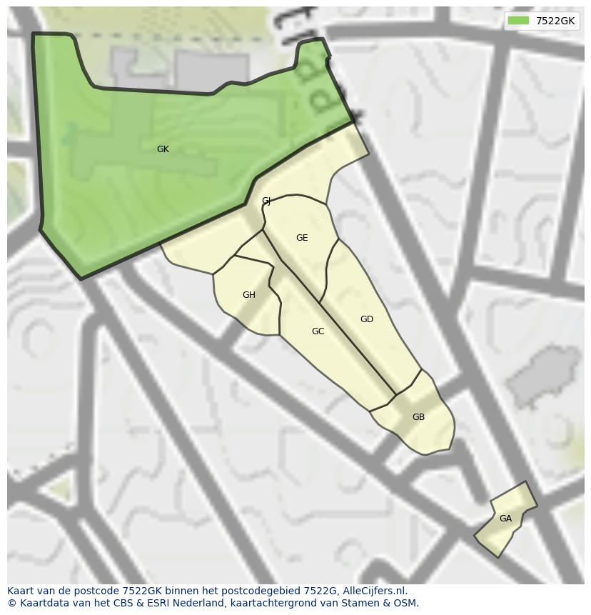 Afbeelding van het postcodegebied 7522 GK op de kaart.