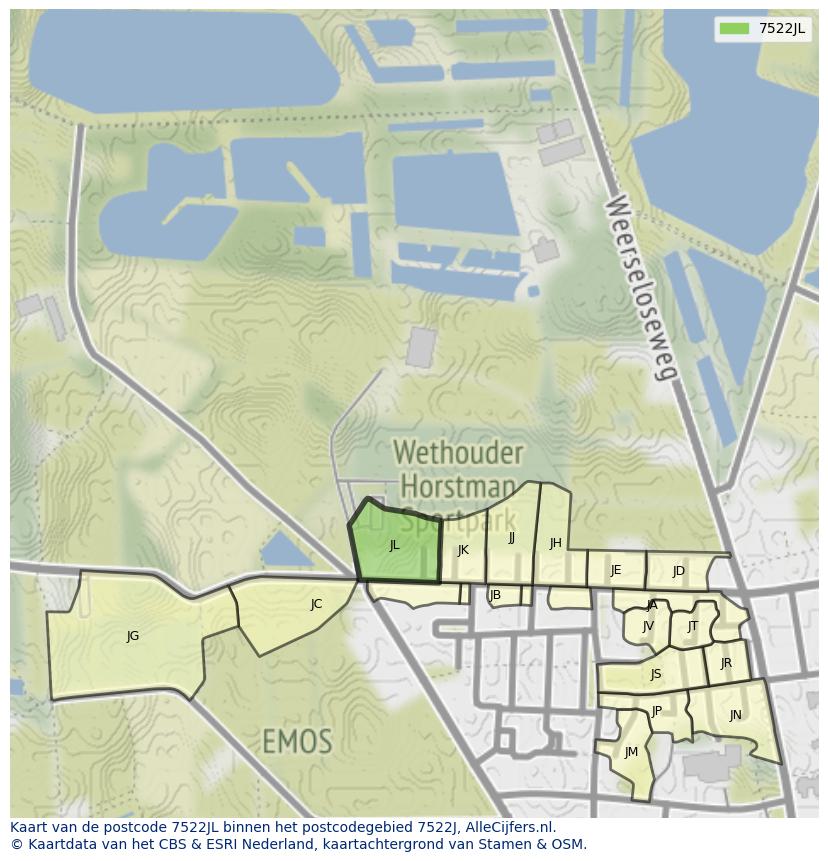 Afbeelding van het postcodegebied 7522 JL op de kaart.