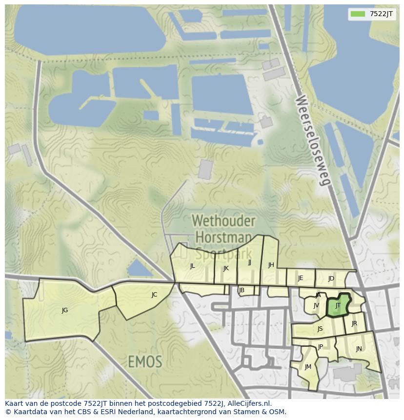 Afbeelding van het postcodegebied 7522 JT op de kaart.