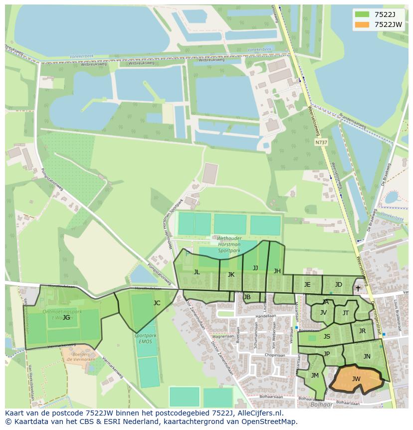 Afbeelding van het postcodegebied 7522 JW op de kaart.