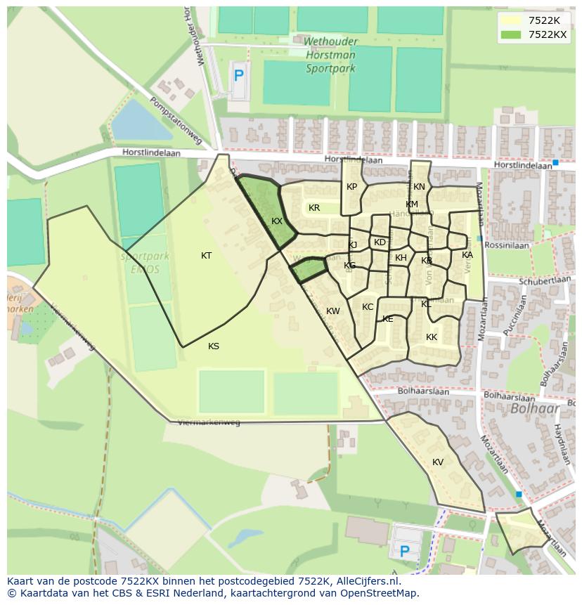 Afbeelding van het postcodegebied 7522 KX op de kaart.