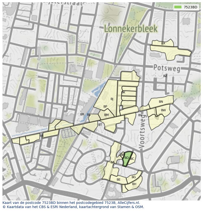 Afbeelding van het postcodegebied 7523 BD op de kaart.