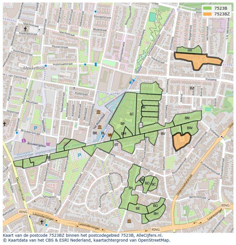 Afbeelding van het postcodegebied 7523 BZ op de kaart.