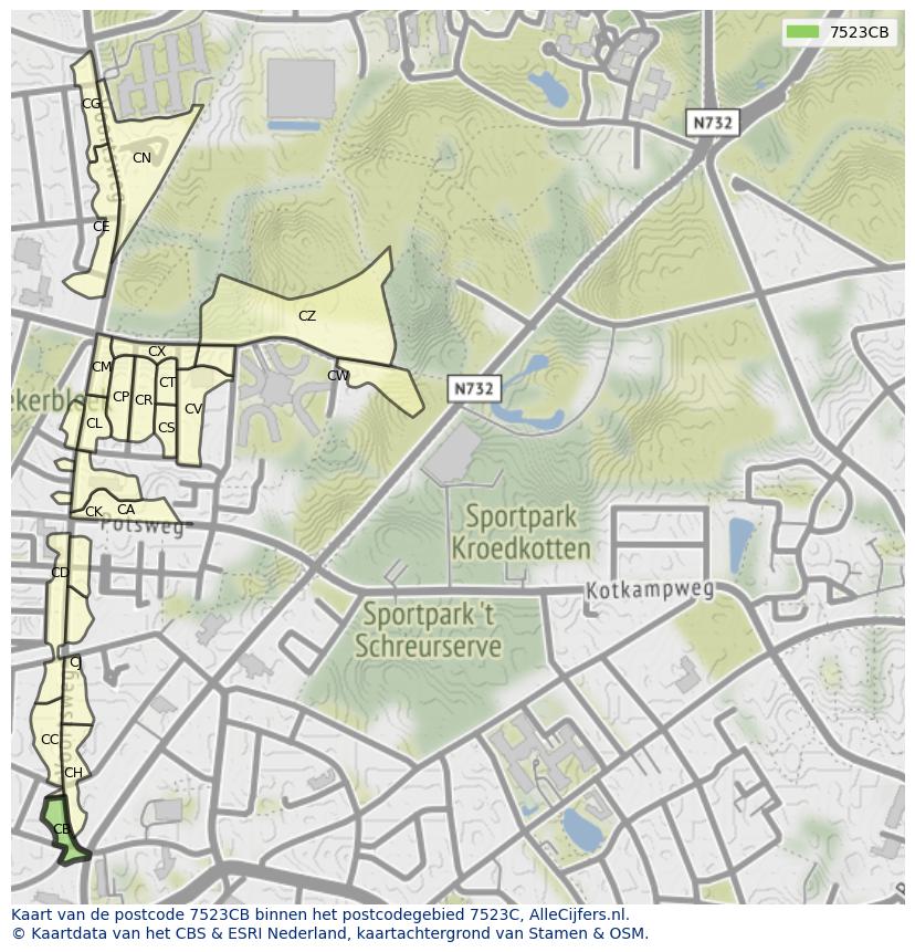 Afbeelding van het postcodegebied 7523 CB op de kaart.