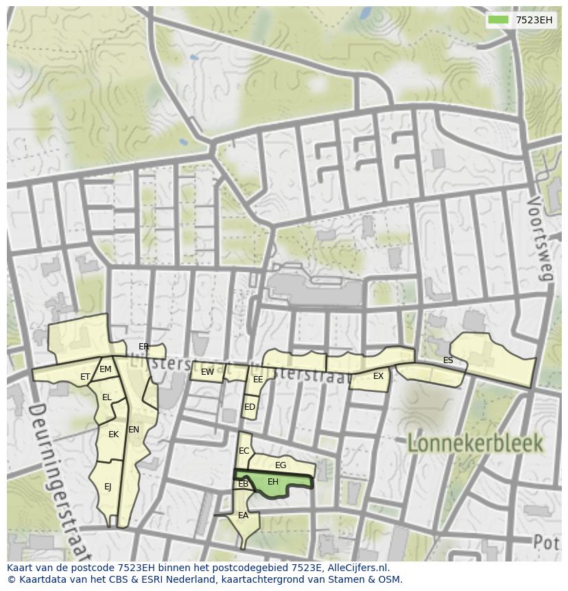 Afbeelding van het postcodegebied 7523 EH op de kaart.