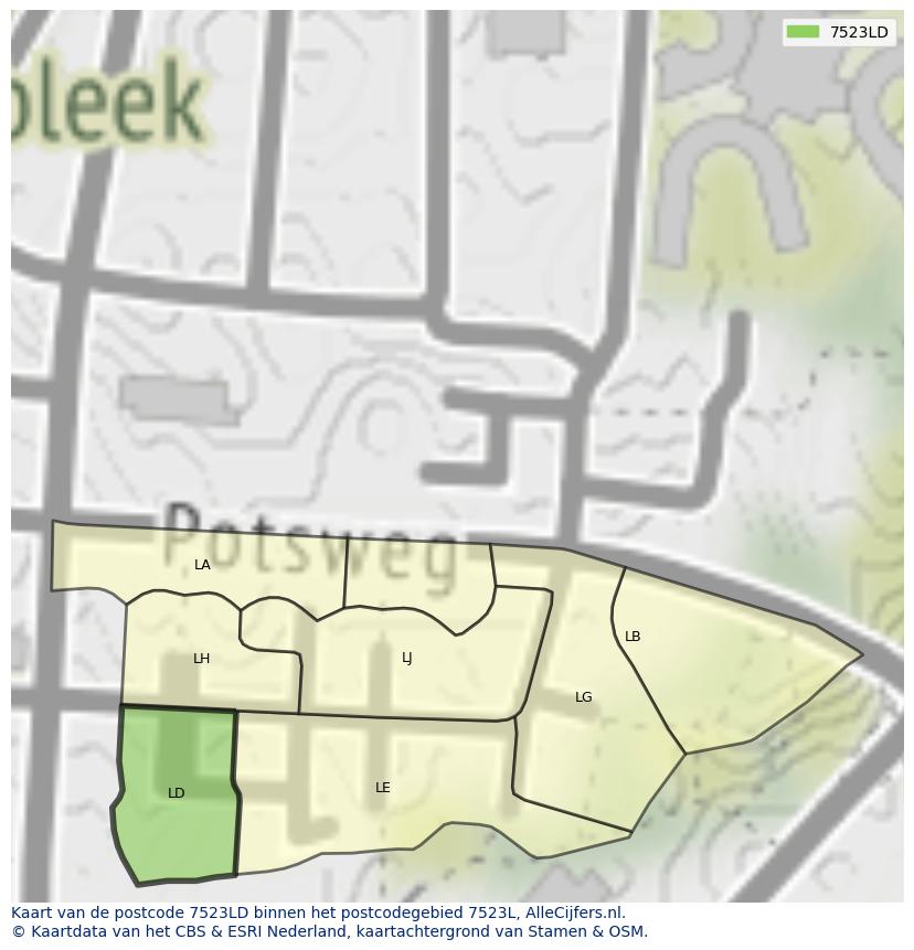 Afbeelding van het postcodegebied 7523 LD op de kaart.