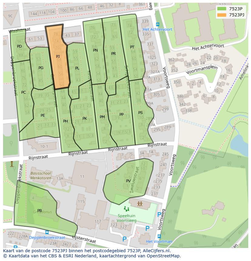 Afbeelding van het postcodegebied 7523 PJ op de kaart.