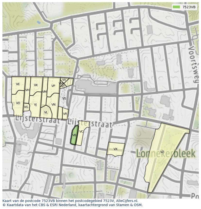 Afbeelding van het postcodegebied 7523 VB op de kaart.