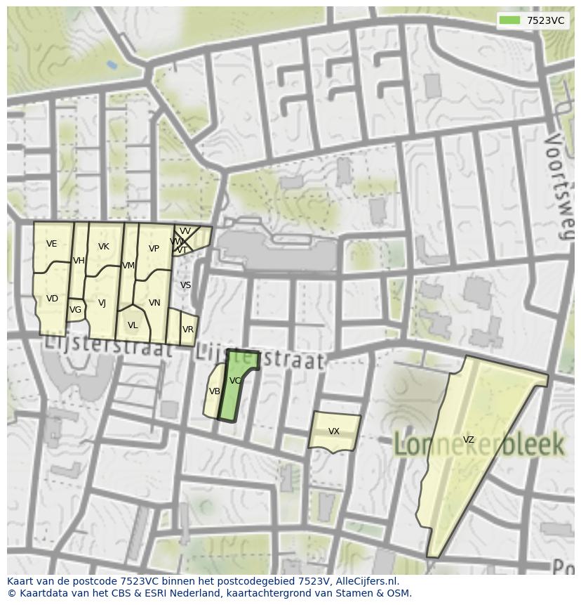 Afbeelding van het postcodegebied 7523 VC op de kaart.