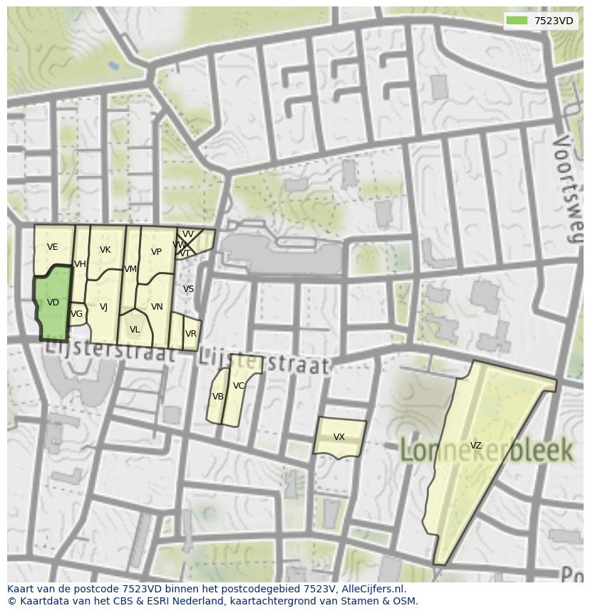 Afbeelding van het postcodegebied 7523 VD op de kaart.
