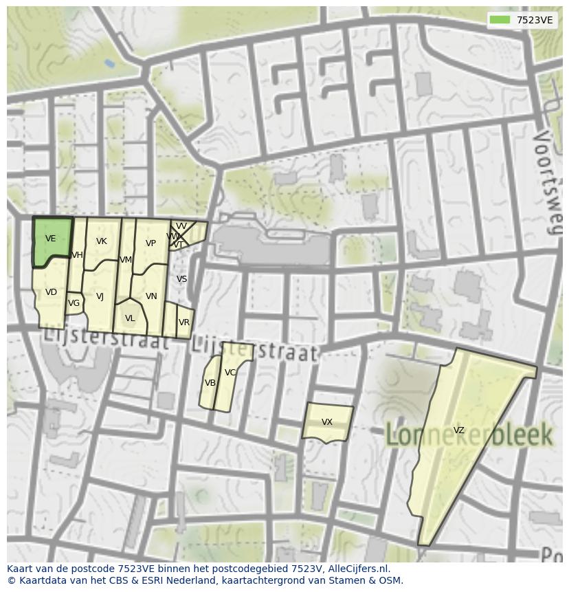 Afbeelding van het postcodegebied 7523 VE op de kaart.