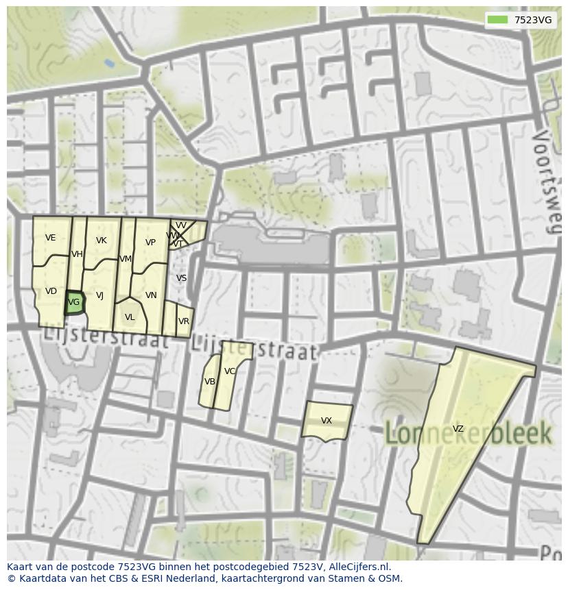 Afbeelding van het postcodegebied 7523 VG op de kaart.