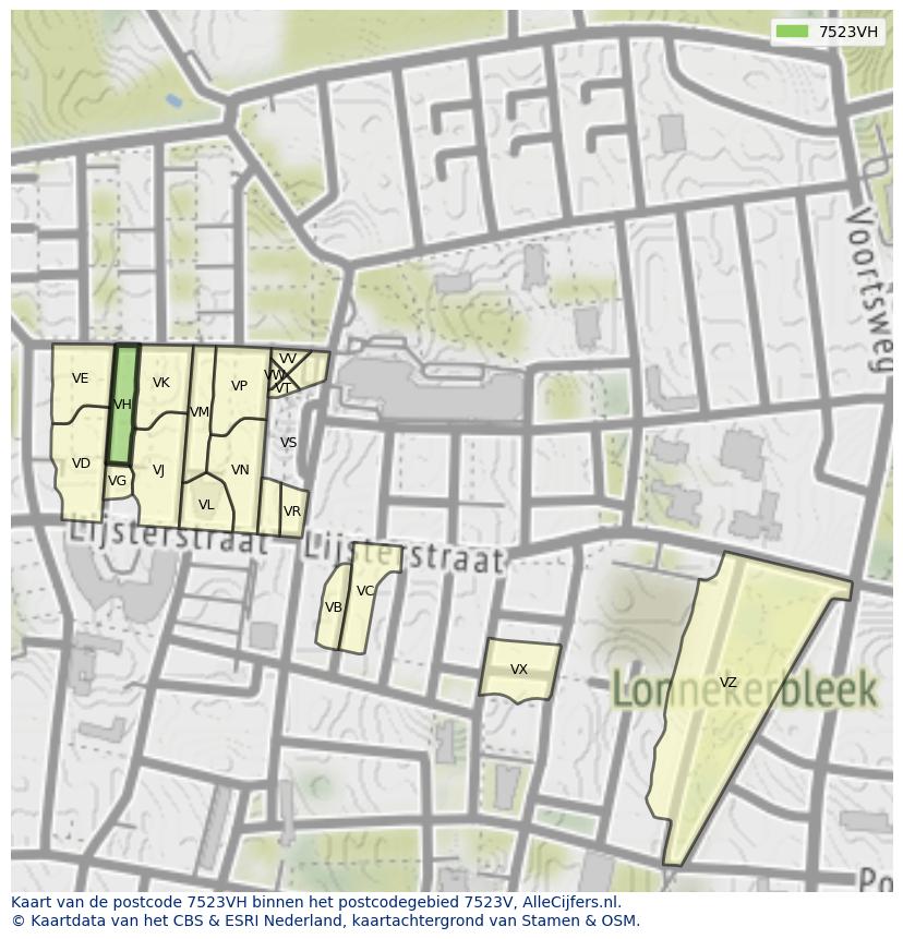 Afbeelding van het postcodegebied 7523 VH op de kaart.