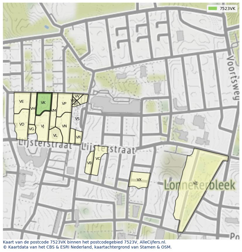 Afbeelding van het postcodegebied 7523 VK op de kaart.