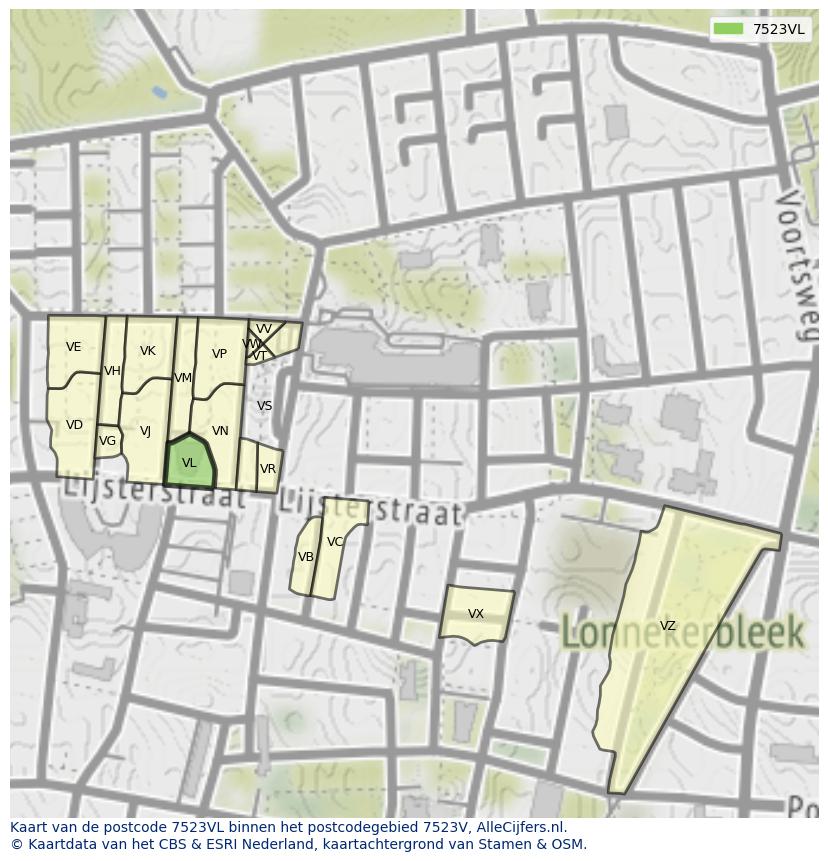 Afbeelding van het postcodegebied 7523 VL op de kaart.