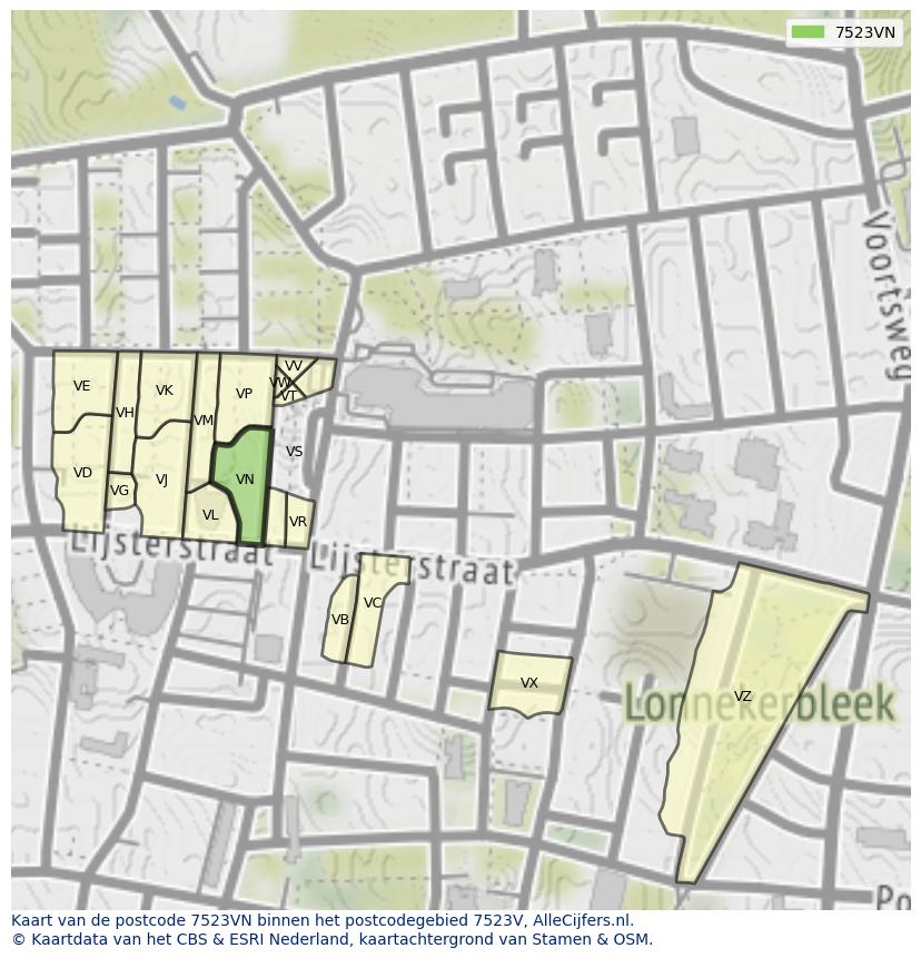 Afbeelding van het postcodegebied 7523 VN op de kaart.