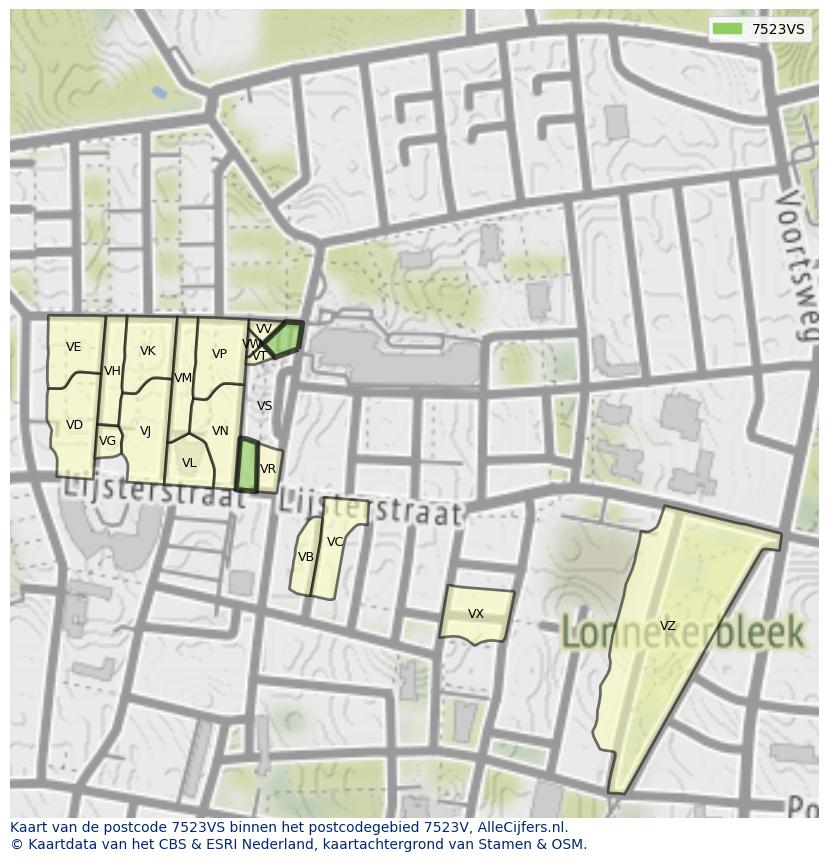 Afbeelding van het postcodegebied 7523 VS op de kaart.