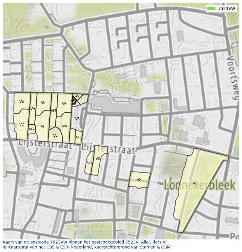 Afbeelding van het postcodegebied 7523 VW op de kaart.