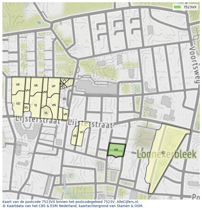 Afbeelding van het postcodegebied 7523 VX op de kaart.