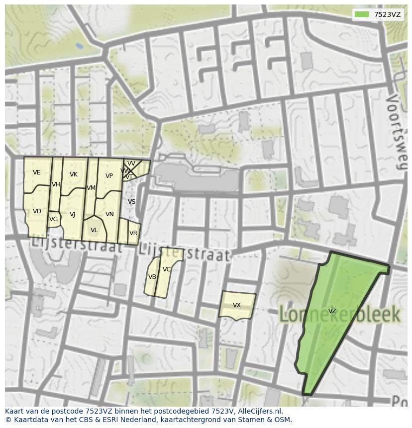 Afbeelding van het postcodegebied 7523 VZ op de kaart.