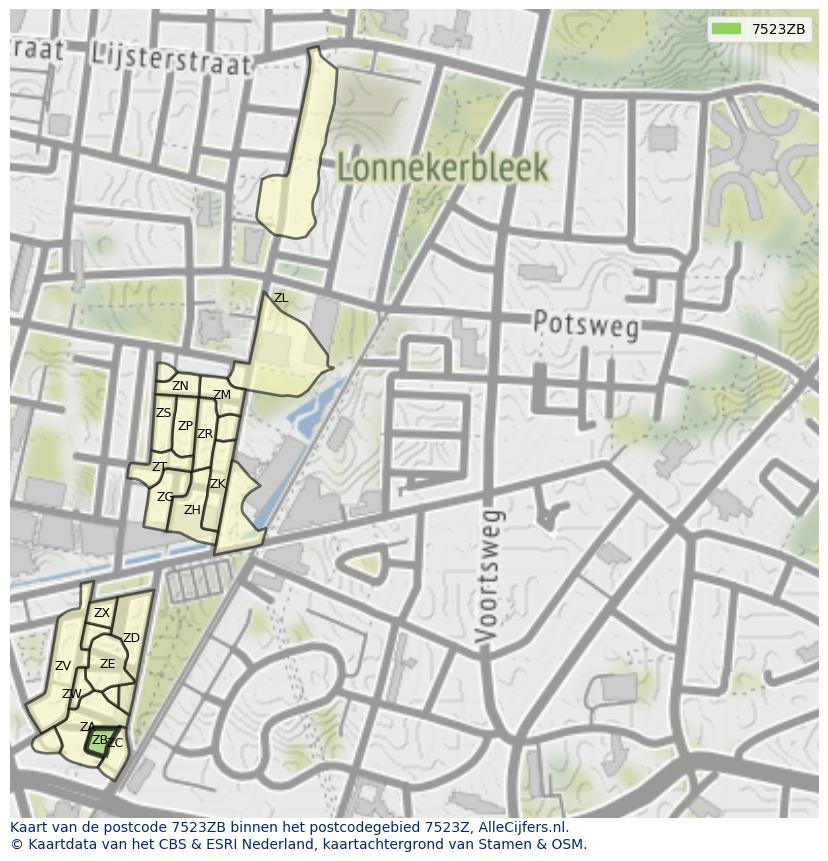 Afbeelding van het postcodegebied 7523 ZB op de kaart.