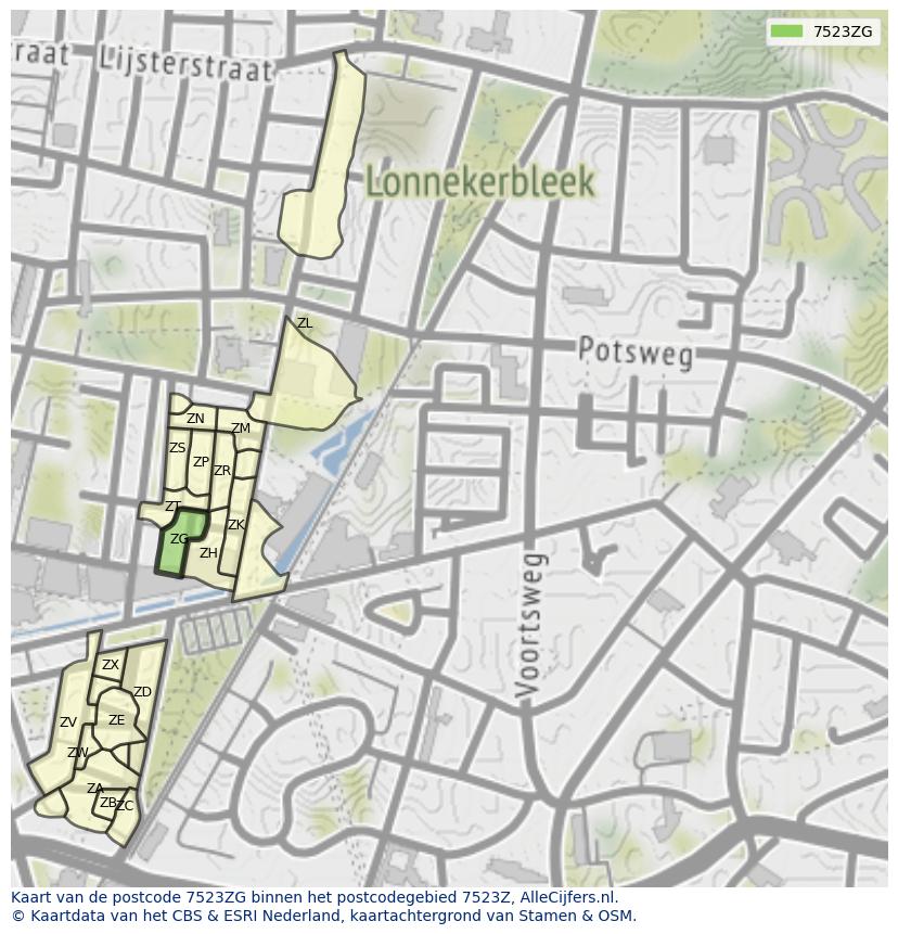 Afbeelding van het postcodegebied 7523 ZG op de kaart.