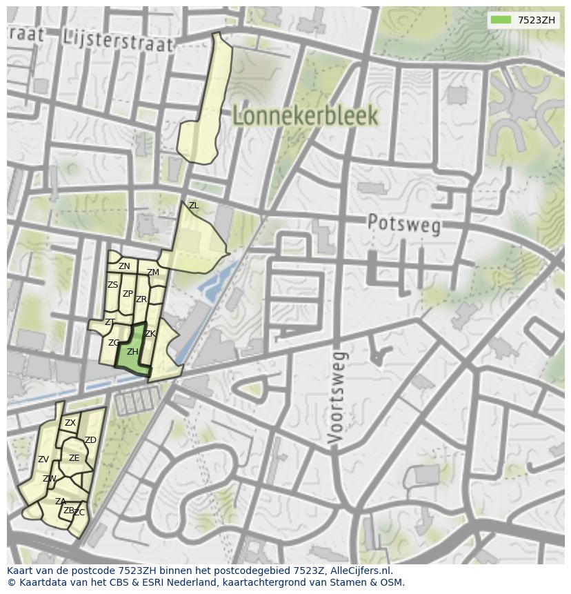 Afbeelding van het postcodegebied 7523 ZH op de kaart.