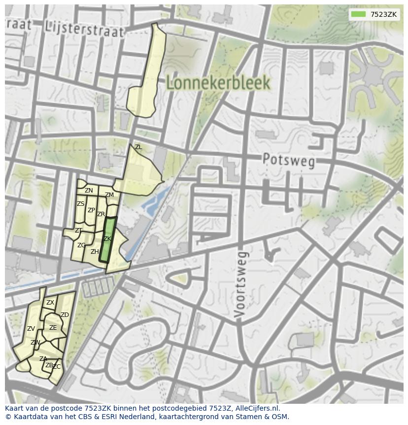 Afbeelding van het postcodegebied 7523 ZK op de kaart.