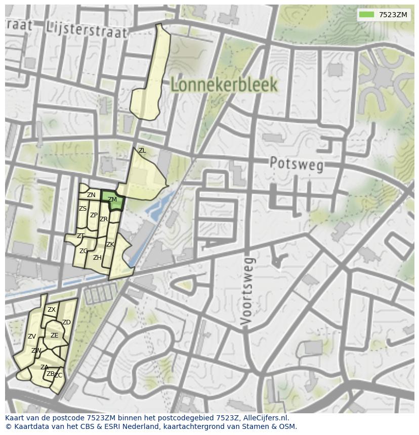 Afbeelding van het postcodegebied 7523 ZM op de kaart.