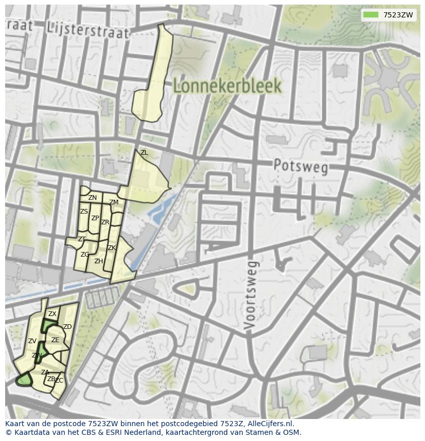 Afbeelding van het postcodegebied 7523 ZW op de kaart.