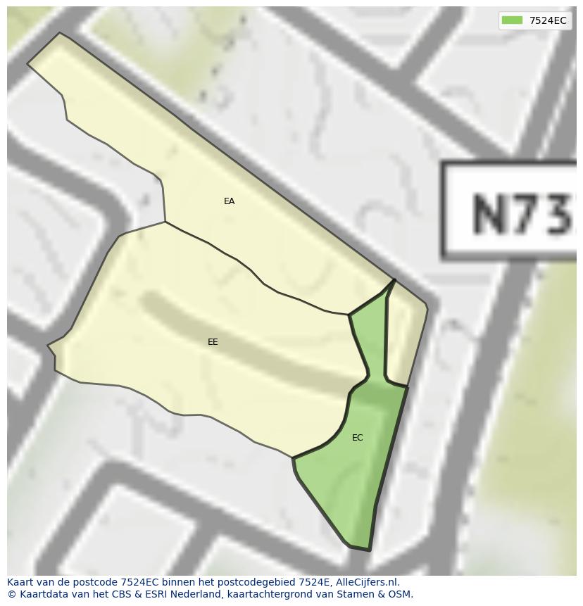 Afbeelding van het postcodegebied 7524 EC op de kaart.