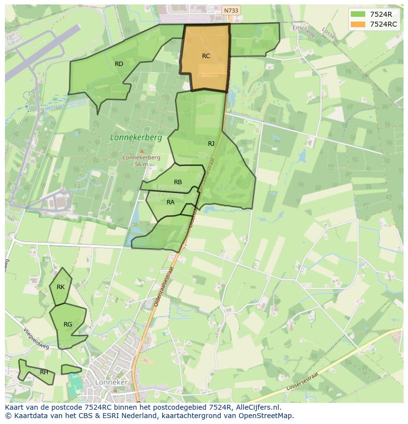 Afbeelding van het postcodegebied 7524 RC op de kaart.