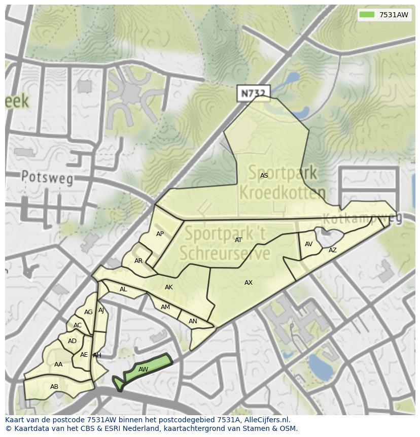 Afbeelding van het postcodegebied 7531 AW op de kaart.