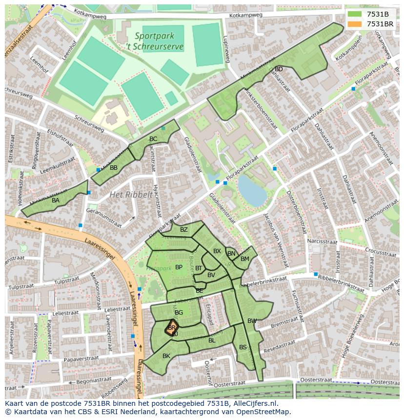 Afbeelding van het postcodegebied 7531 BR op de kaart.