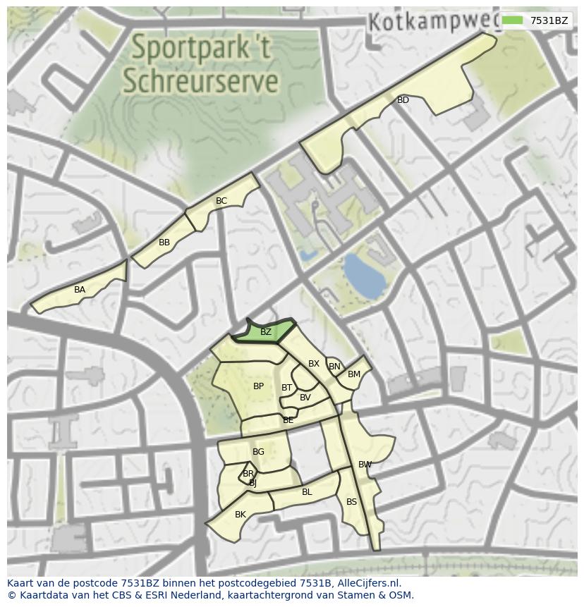 Afbeelding van het postcodegebied 7531 BZ op de kaart.