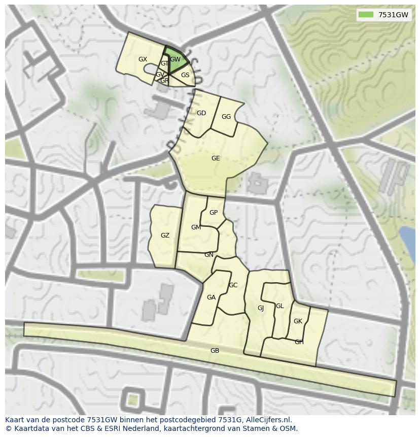 Afbeelding van het postcodegebied 7531 GW op de kaart.