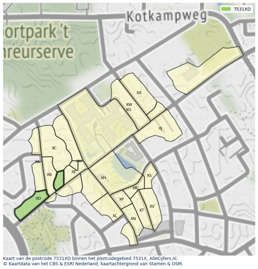 Afbeelding van het postcodegebied 7531 XD op de kaart.