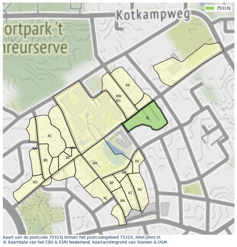 Afbeelding van het postcodegebied 7531 XJ op de kaart.