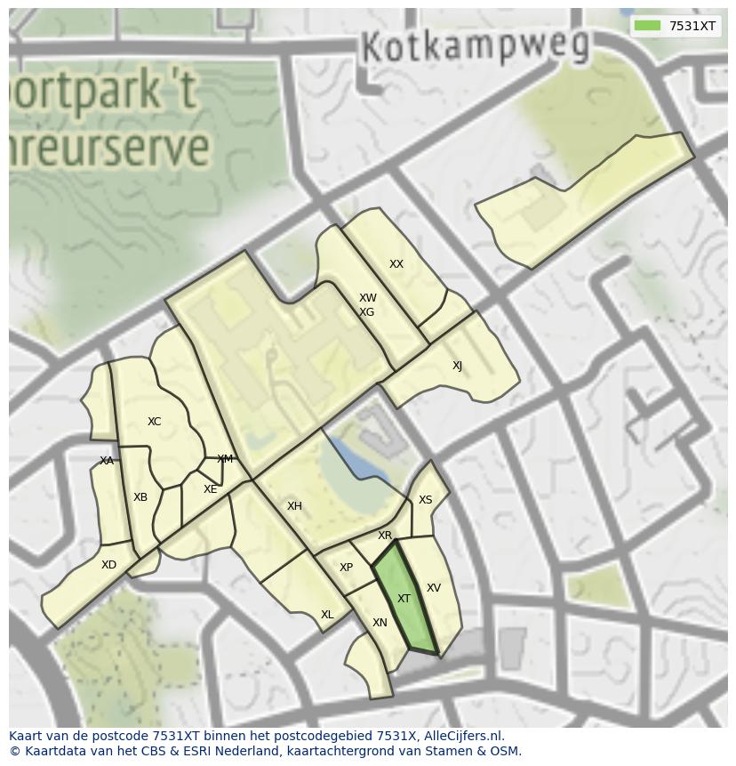 Afbeelding van het postcodegebied 7531 XT op de kaart.