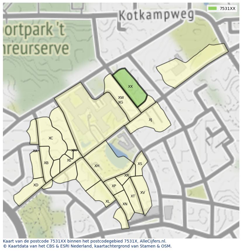 Afbeelding van het postcodegebied 7531 XX op de kaart.