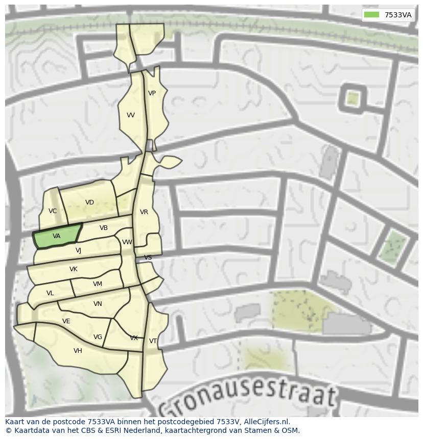 Afbeelding van het postcodegebied 7533 VA op de kaart.